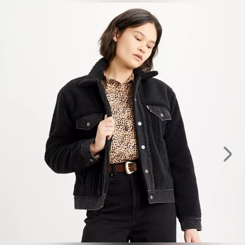 New Levi's premium black sherpa jean denim Ex-Boyfriend jacket women's size S